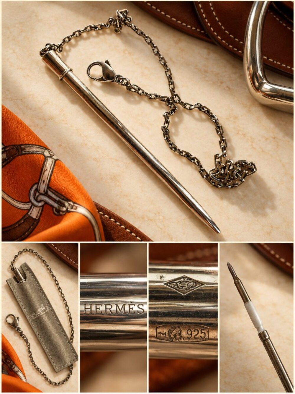 Hermes Sterling Silver Purse or Agenda Pencil 3 1/2" Chain 10 1/2" Lobster Lock
